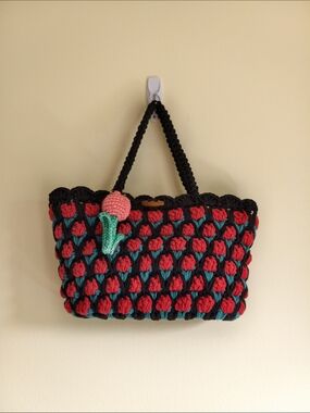 Handmade Black Crochet Tote Bag with Flower  Accents